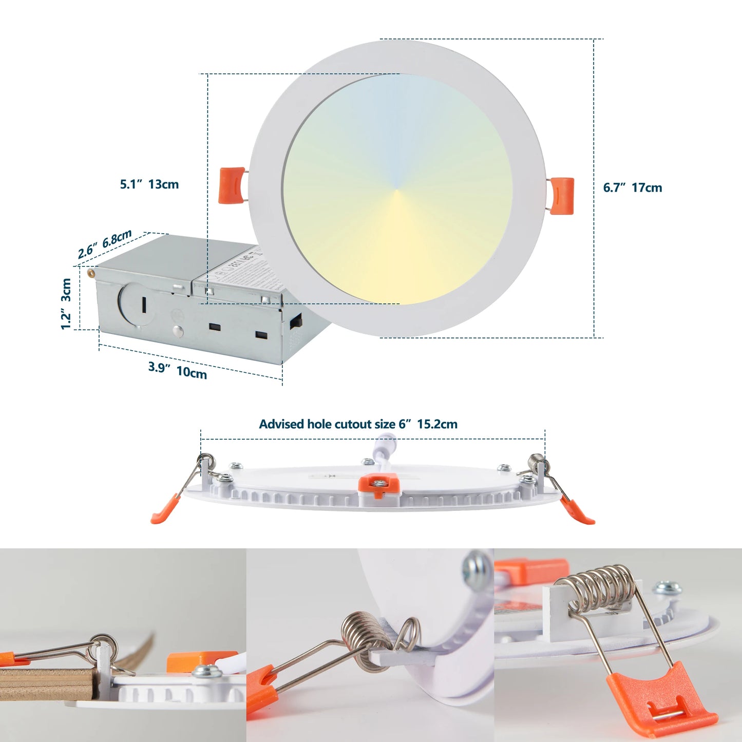 12-Piece Set of Shell-Less Led Ceiling Lights, Dimmable Recessed Downlights with Junction Box, 3000K-5000K Adjustable Color Temperature White Light