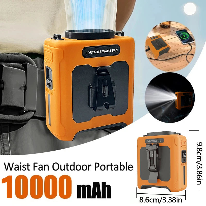 10000mAh Portable Neck Fan Cooling Rechargeable Hands-free Waist Clip Fan with Flashlight for Outdoor Travel Camping Power Bank