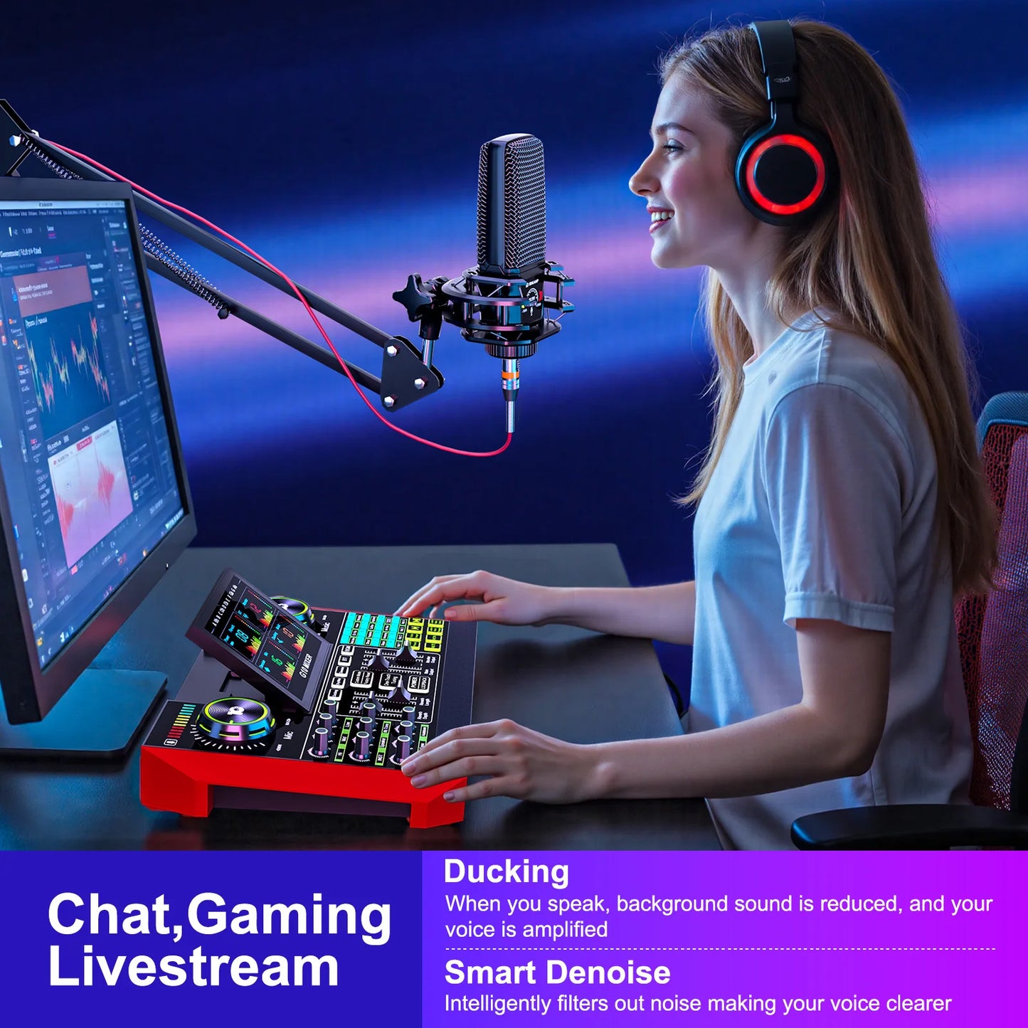 TENLAMP G10 Audio Interface Mixer Soundboard with Boom Arm & 3.5mm Mic, Voice Changer Podcast Equipment Bundle, Professional Live Sound Card for KOL Singing Gaming DJ Studio Recording Music Mixer