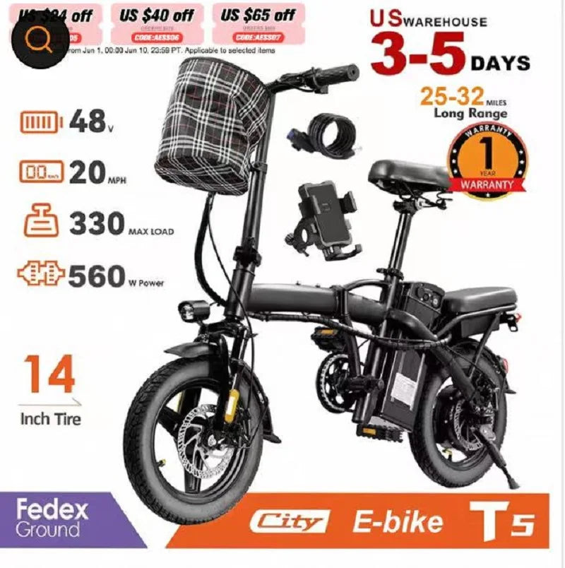 T5 14-inch Foldable Electric Bike 48V 750W Peak Power 20MPH 499Wh Long Range Lightweight Ebike with Dual Disc Brake And Basket for Adult Commute 22 Miles
