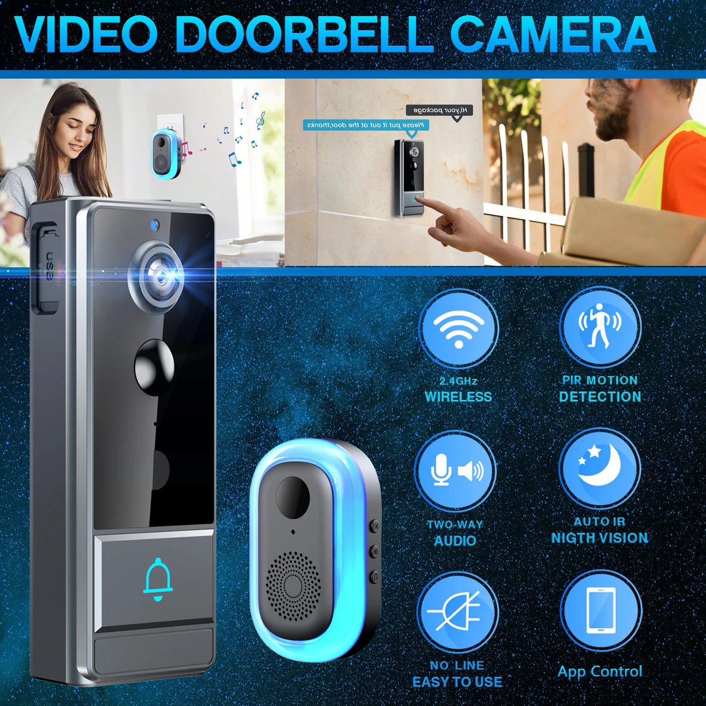 Wireless Smart Video Doorbell, Doorbell Camera, Home Security WiFi Doorbell Camera, PIR Motion Doorbell, Intelligent Package Detection,Elderly And Pets Safety Surveillance Camera Suitable Apartment/ Indoor/ Outdoor Security