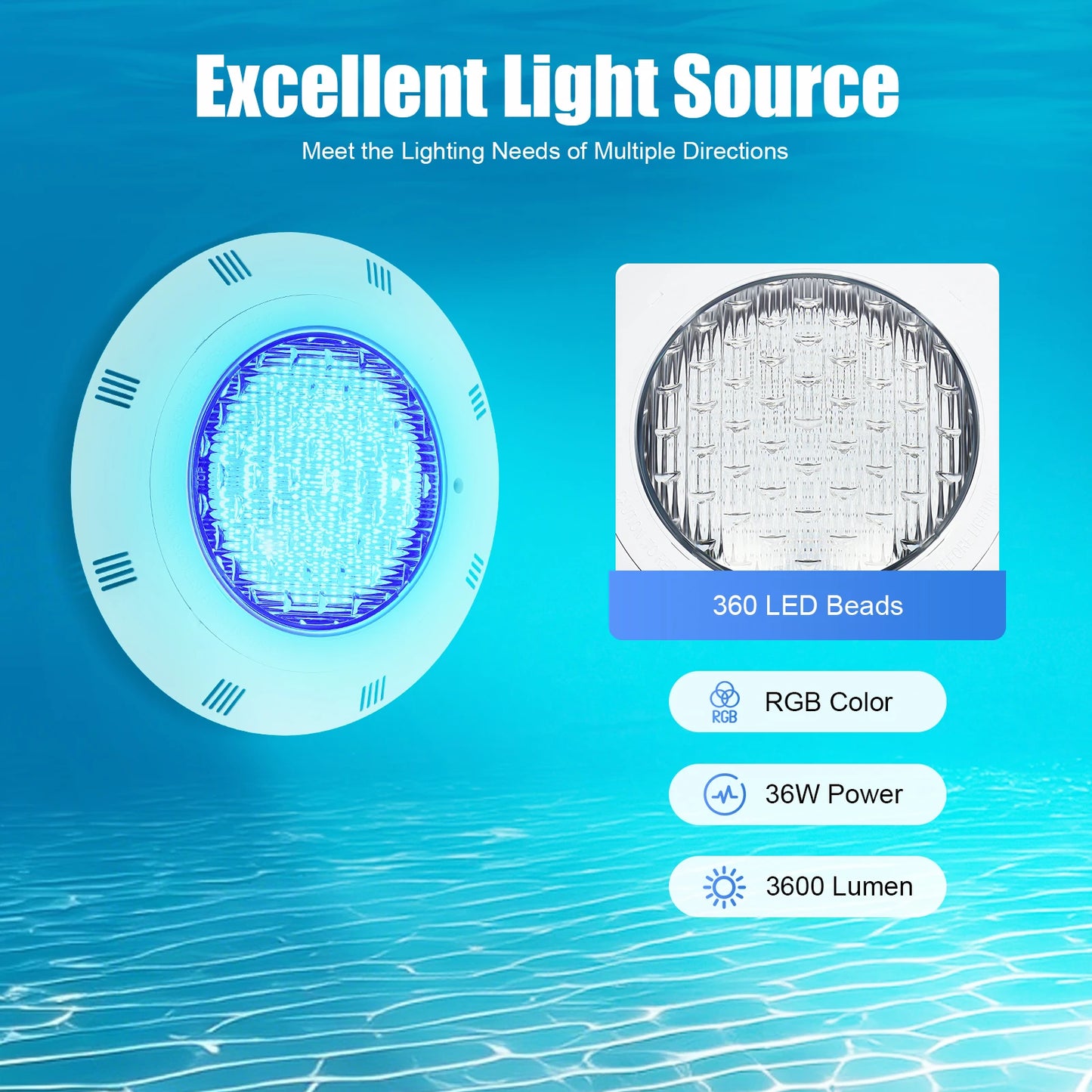 45W & 36W RGB LED Pool Light IP68 Waterproof 460/360 LEDs 2500/3600lm Remote Control for Swimming Pool Fountain Pond