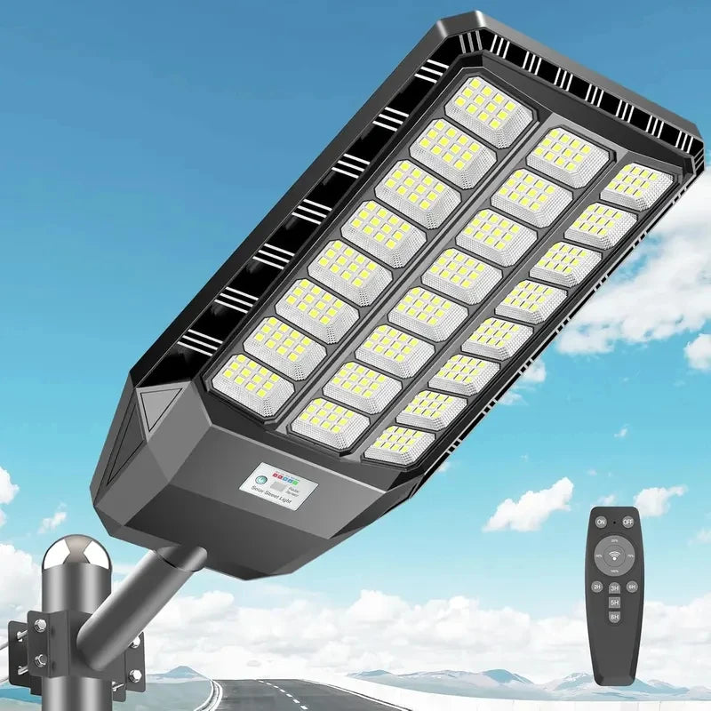 Solar Street Light Outdoor Motion Sensor Dusk to Dawn LED Security Flood Light Remote Control IP66 Waterproof for Parking Lot Garage Yard