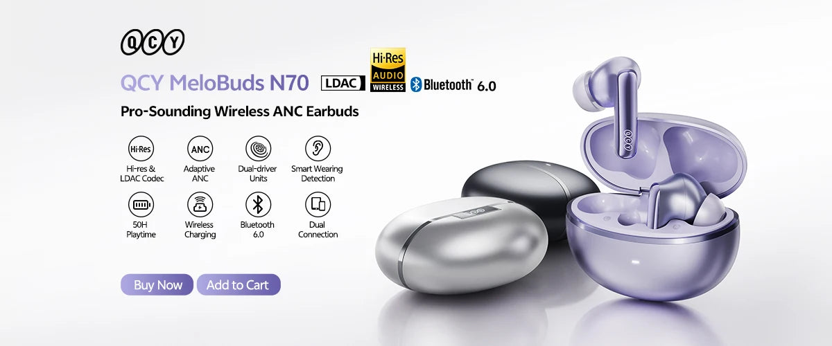 Ship From ES/PL/BR QCY HT18 Wireless Earphones Bluetooth 6.0 MeloBuds N70 Adaptive Hybrid ANC 6 Mics LDAC Hi-Res Audio Earbuds