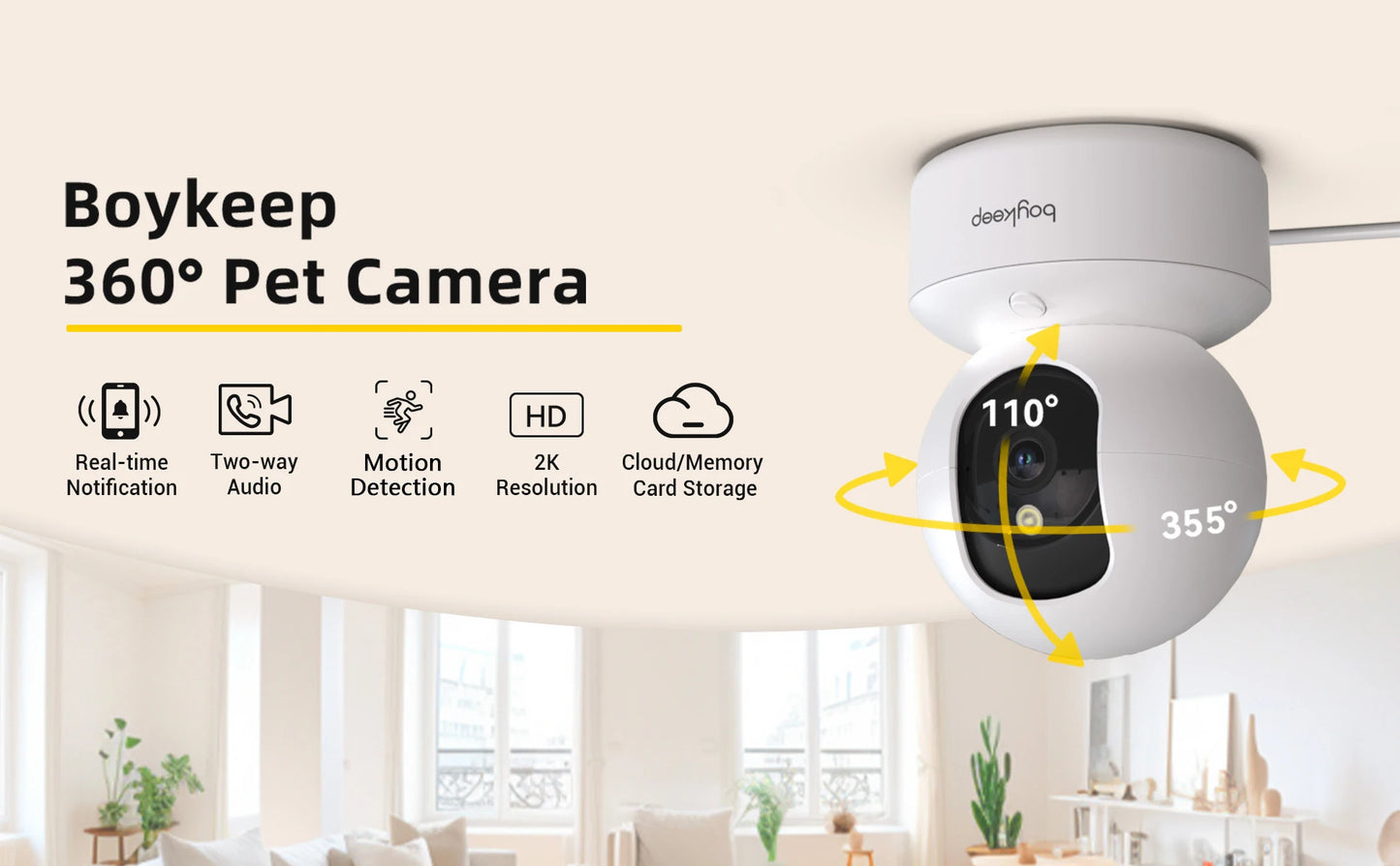 BoyKeep 2K Smart WiFi Security Camera Dual Band 5G/2.4GHz Indoor Surveillance Camera, 360° PTZ, IR Night Vision, Two-Way Audio