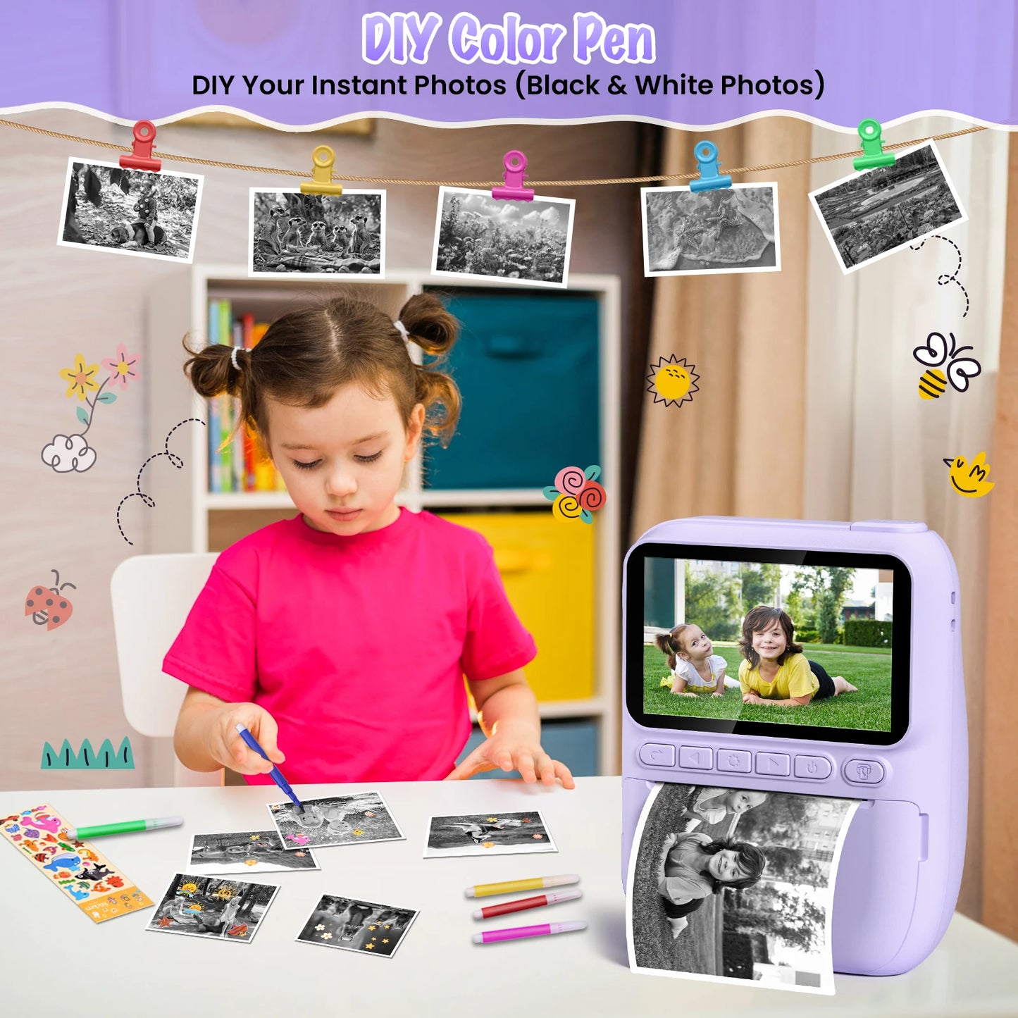 Kids Digital Camera 3.0" Portable Instant Print Camera 32MP HD 1080P Camera Toy Gift For 6-12 Year With 3 Rolls Printer Paper