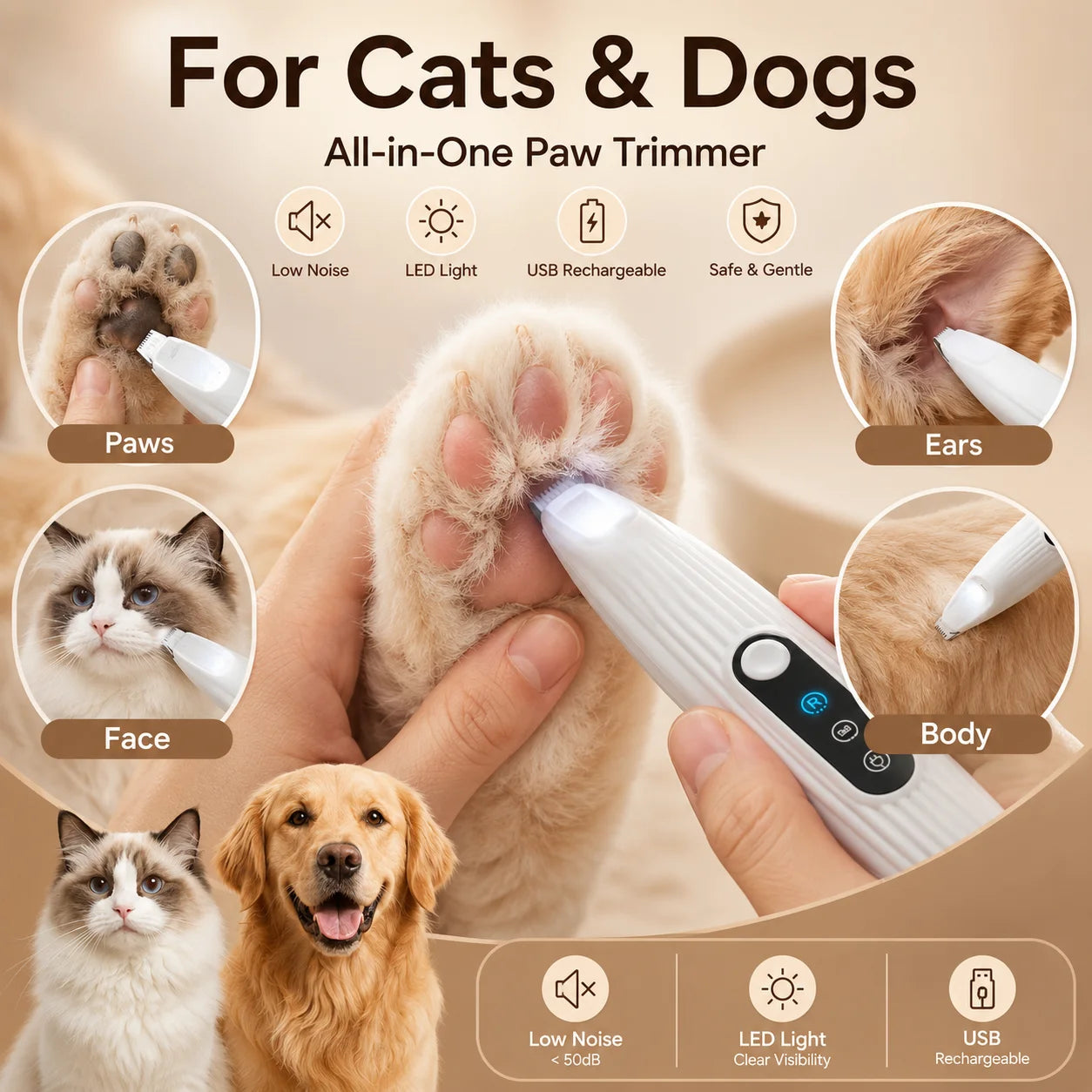 1Pc USB Rechargeable Pet Paw Trimmer with LED Light, Low Noise Dog Cat Hair Clipper for Paws, Face, Ears & Detail Grooming
