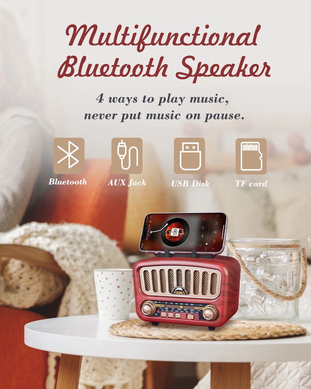 Prun J180 Retro Bluetooth Radio AM FM SW Speaker Rechargeable