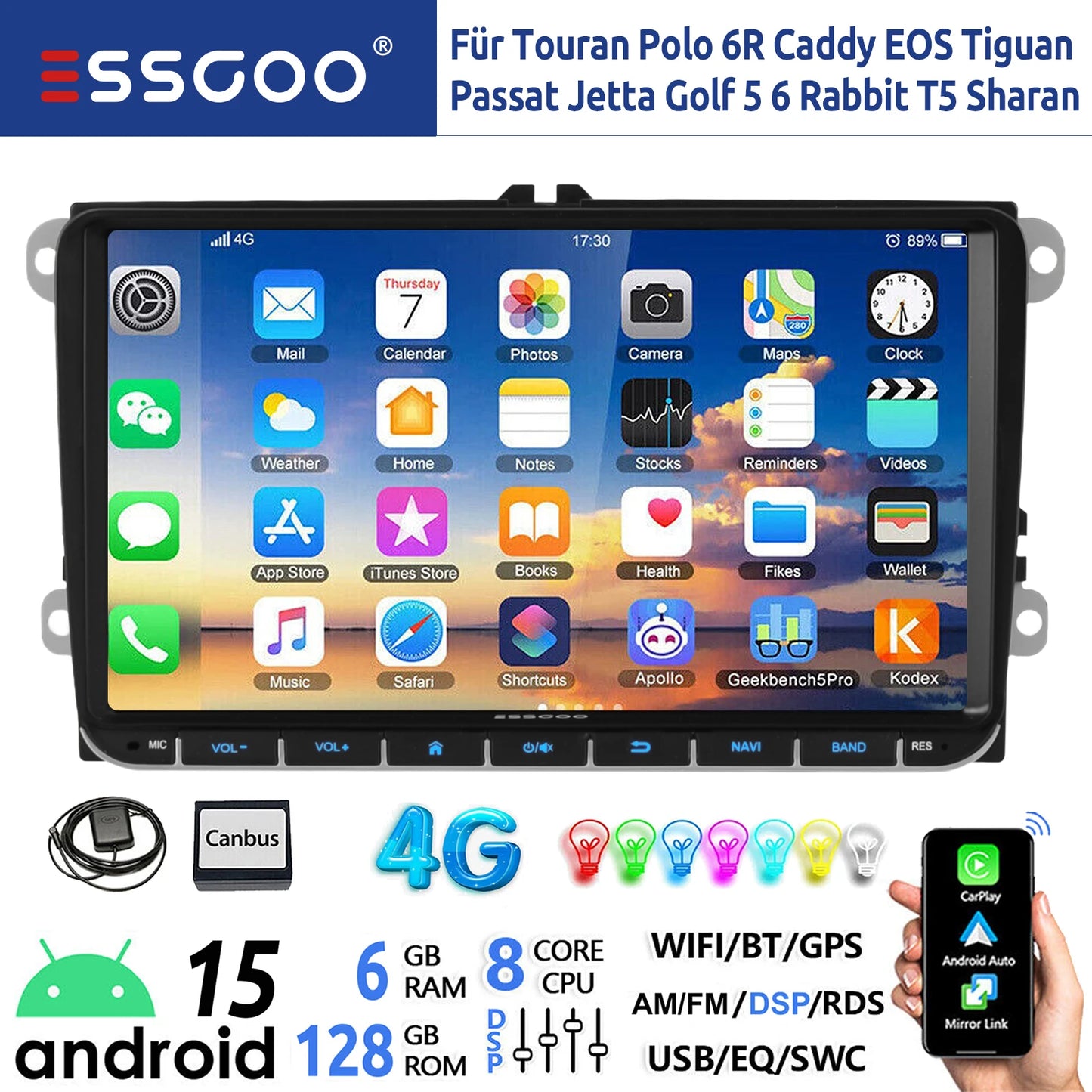 9" Android 15 6G+128G Wireless Carplay Car Stereo GPS NAVI WIFI RDS FM BT EQ for VW Golf 5 6 Passat Polo Touran Tiguan Caddy EOS