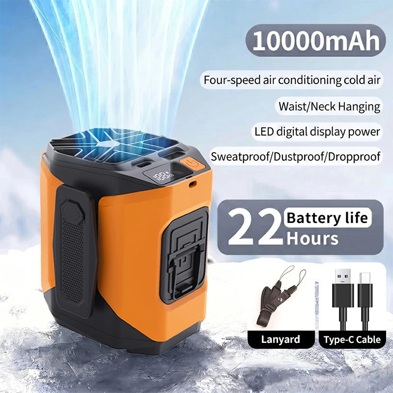 10000mAh Portable Neck Fan Cooling Rechargeable Hands-free Waist Clip Fan with Flashlight for Outdoor Travel Camping Power Bank