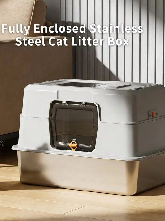 Citylife Extra Large Stainless Steel Cat Litter Box, Fully Enclosed Double Door, Long-Lasting Odor-Blocking And Splash-Resistant Cat Toilet ， 120° Flip-Top, Easy Clean