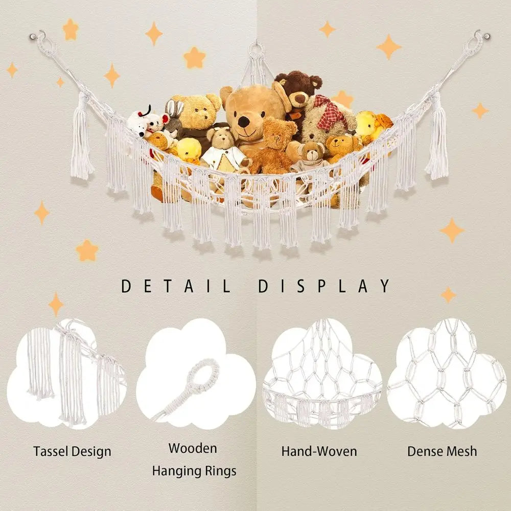 Stuffed Animal Hammock with LED Light, Large Stuffed Animals Storage Corner Plushie Net for Kids Room Decor, White