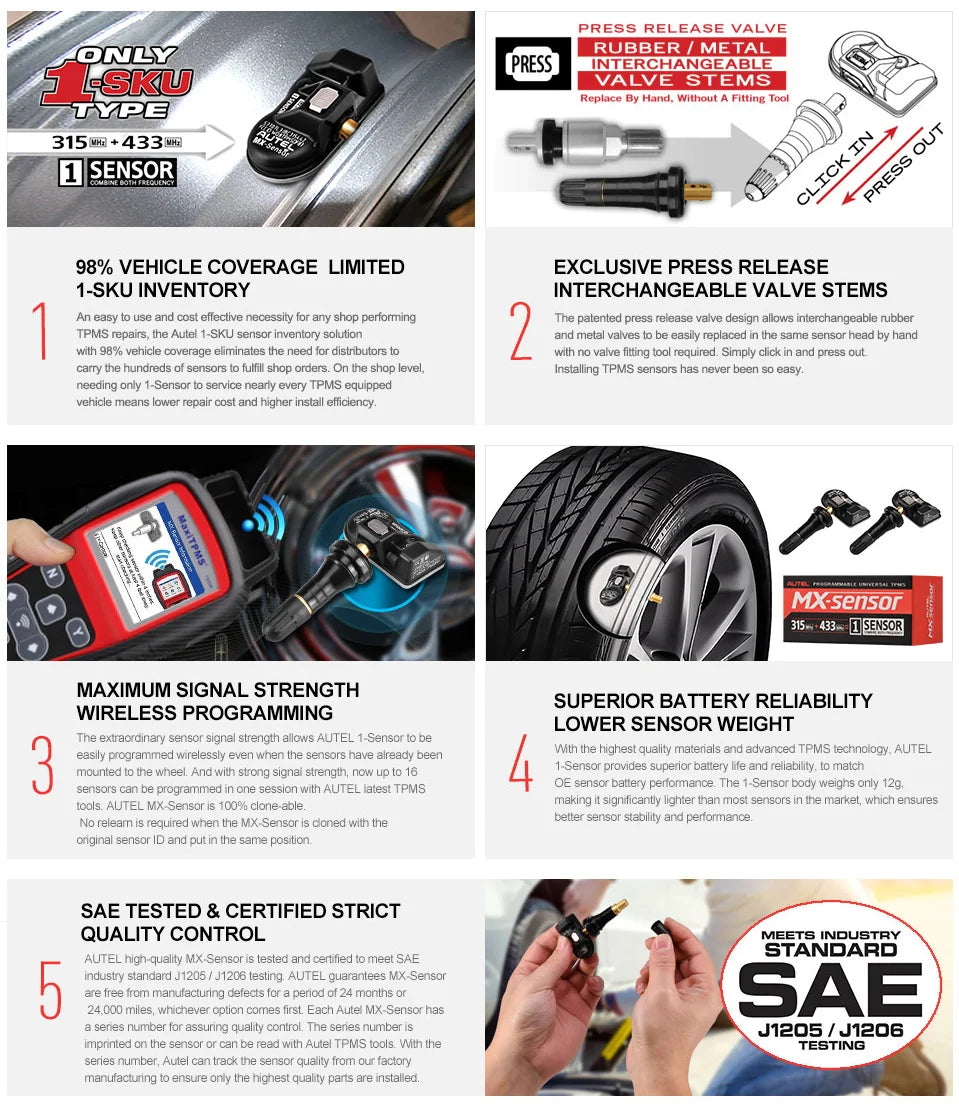 Autel MX-Sensor 433 315MHZ TPMS Sensor MaxiTPMS Tire Pressure Monitor Tester Tire Repair Tools Scanner Programming MX-Sensor