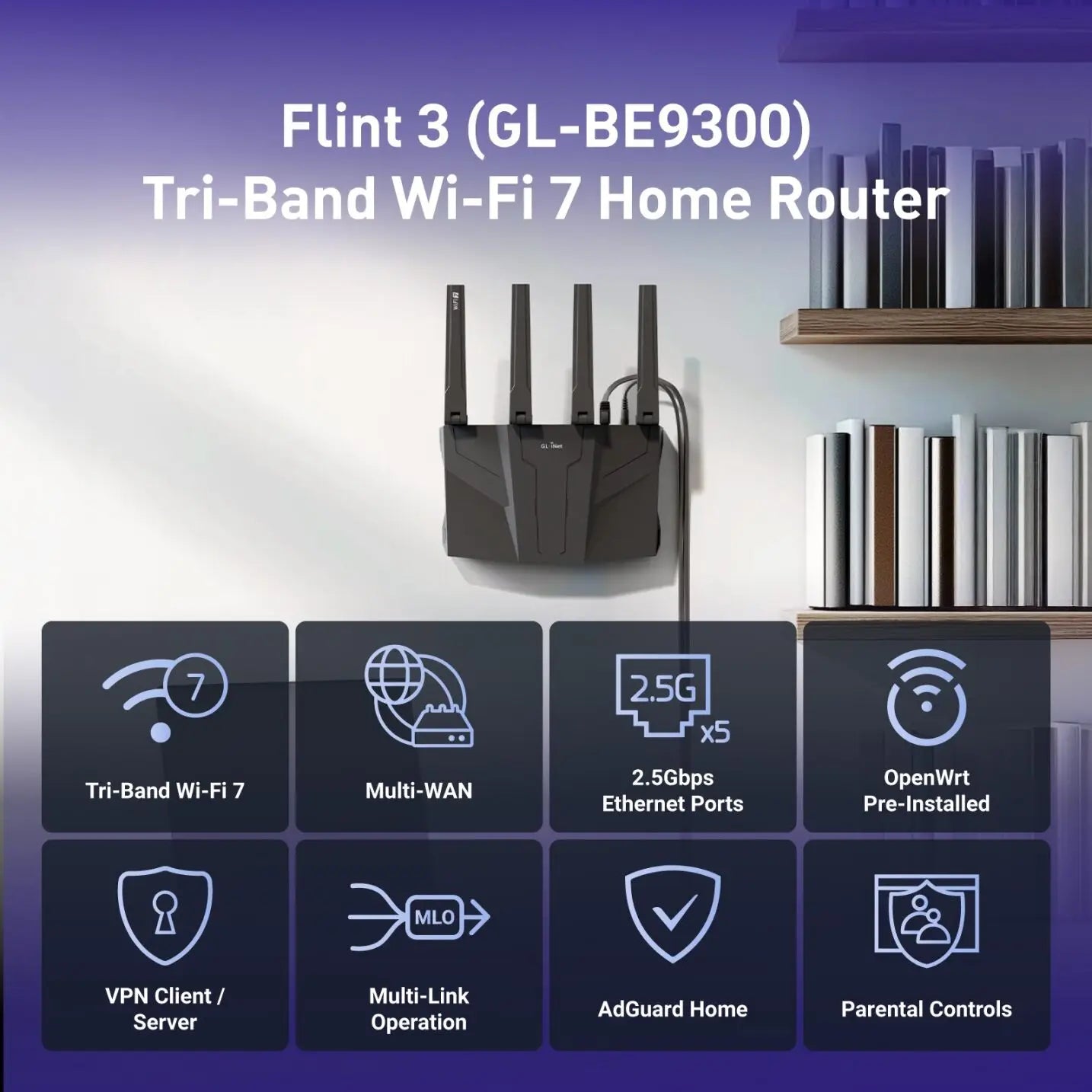 GL.iNet GL-BE9300 Flint 3 Tri-Band Wi-Fi 7 Router for Wireless Internet 5 x 2.5G VPN Router High Speed Gaming Long Range 6GHz Home Wirelss Router, 9 Gbps Wireless Speed for Smooth 8K Streaming, Low-latency Gaming Video Calls