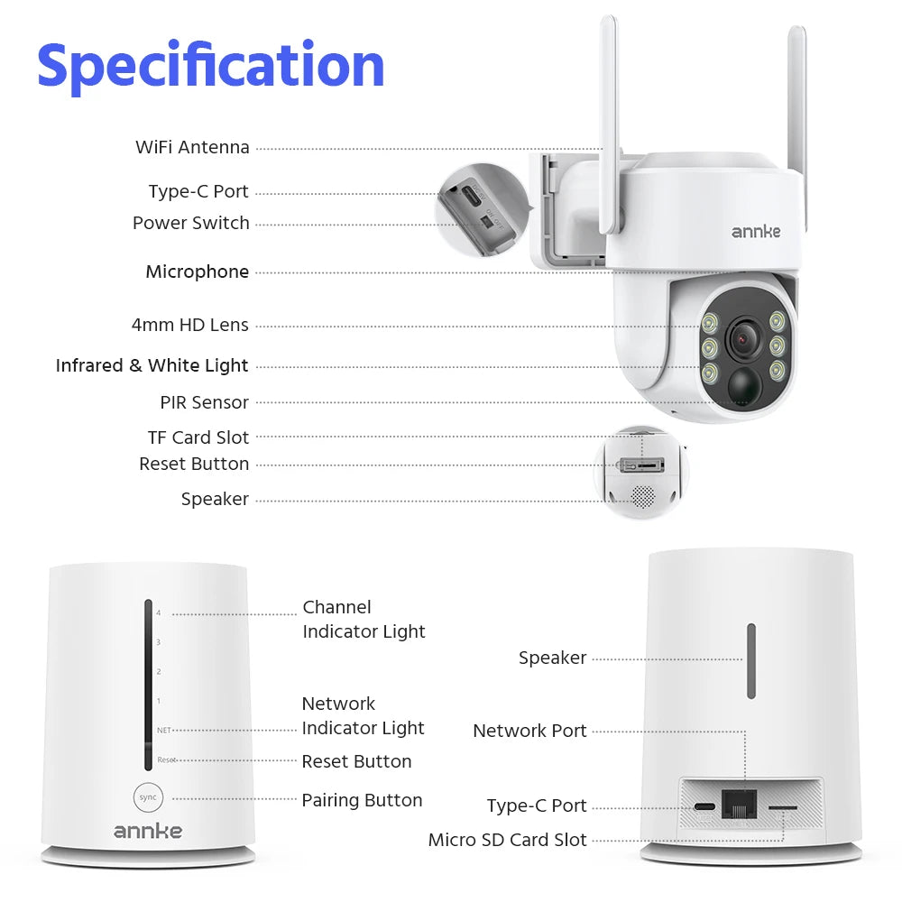 ANNKE 4MP Battery WiFi Security Camera PT Auto Tracking Color Night Vision Wireless IP Camera 4CH Security System