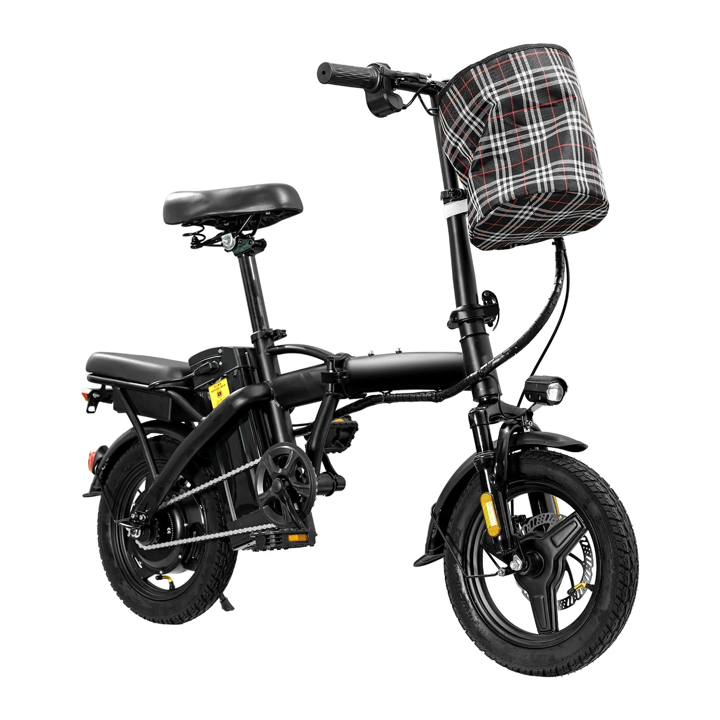 T5 14-inch Foldable Electric Bike 48V 750W Peak Power 20MPH 499Wh Long Range Lightweight Ebike with Dual Disc Brake And Basket for Adult Commute 22 Miles