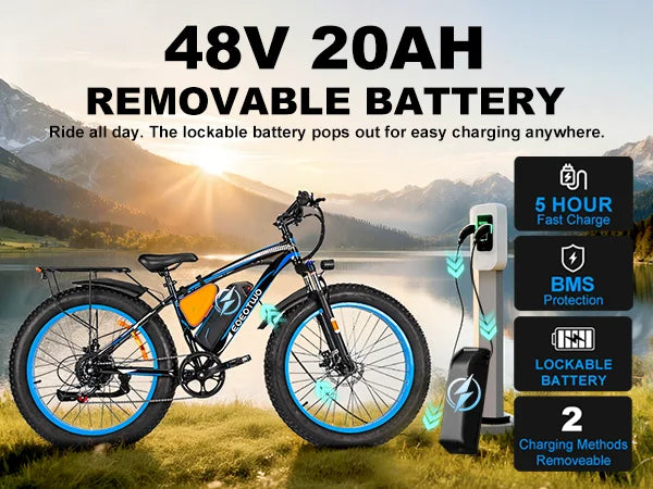 26" Fat Tire Electric Bike for Adults 48V 20Ah Battery 1000W Motor (Peak 1500W)  25-30MPH Fast Mountain Ebike Snow Beach Bicycle