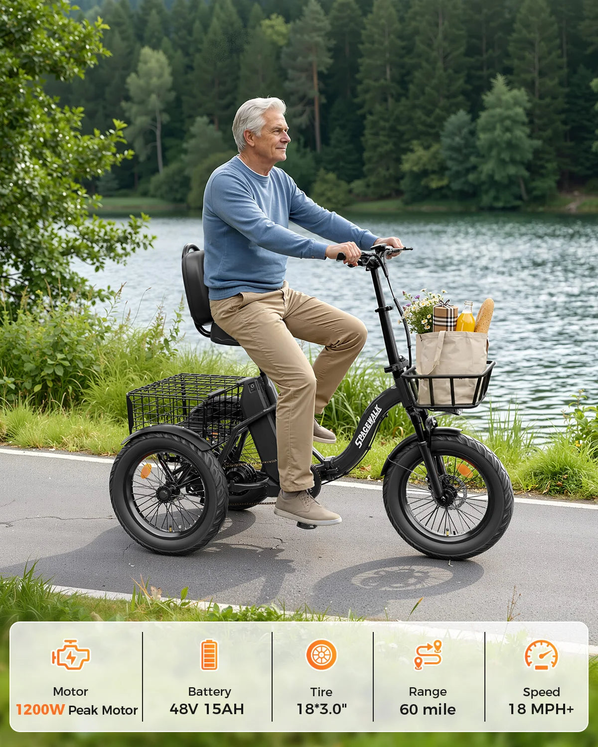 EILLEO SPACEWALK Folding Electric Tricycle with Cargo Basket
