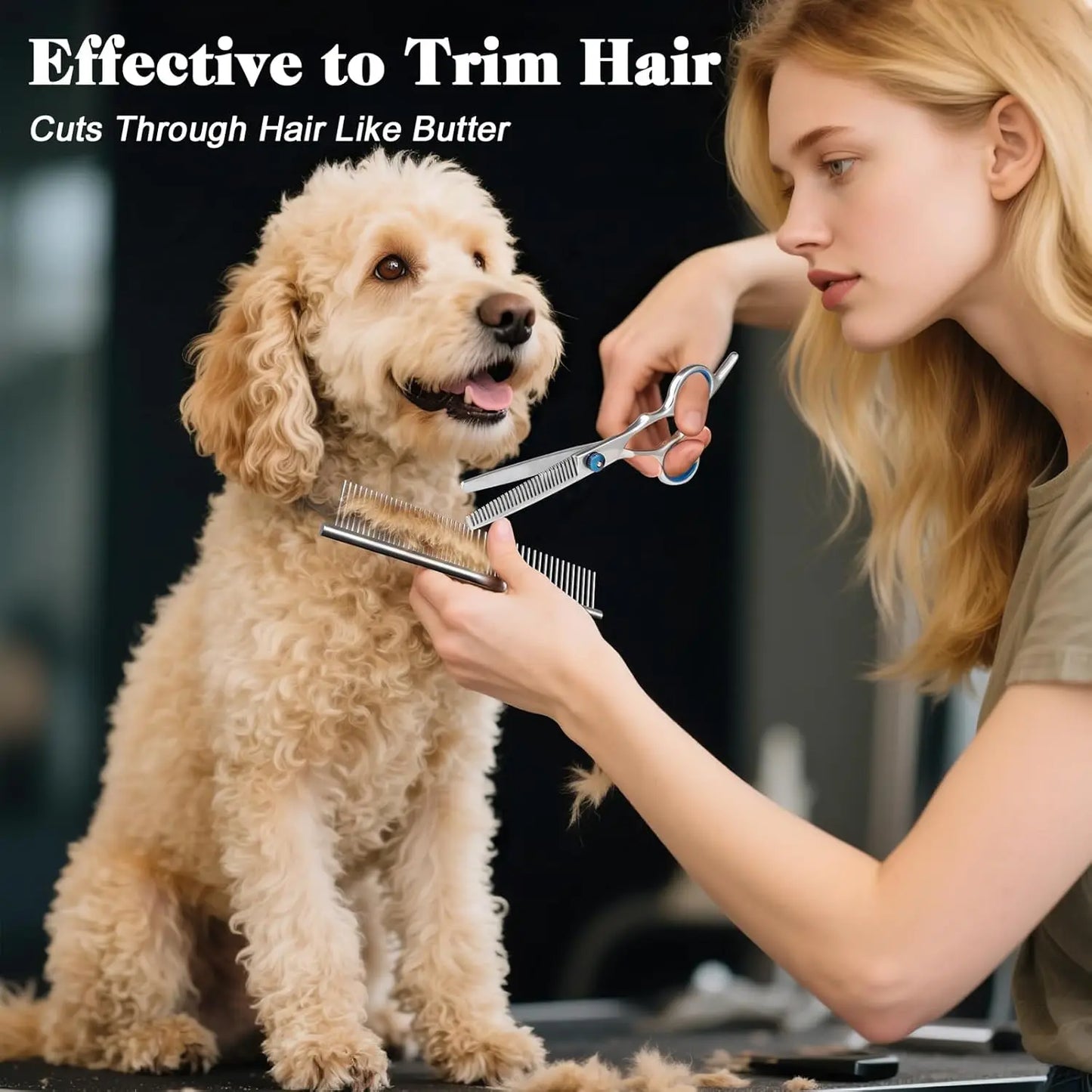 Professional Pet Grooming Shears Set Stainless Steel Safety Round Tip Dog Cat Hair Cutting Kit Straight Curved Thinning Scissors with Comb for Small Large Pets Hair Trimming