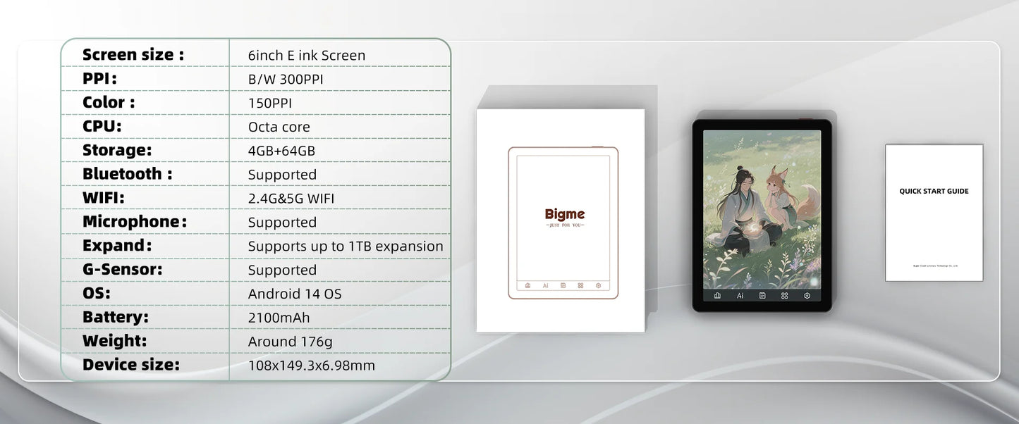 Bigme B6 ebook reader, 6'' color e-ink Electronic book, 36-level front light, Android 14 OS, paper-like ereader Eye-Protecting