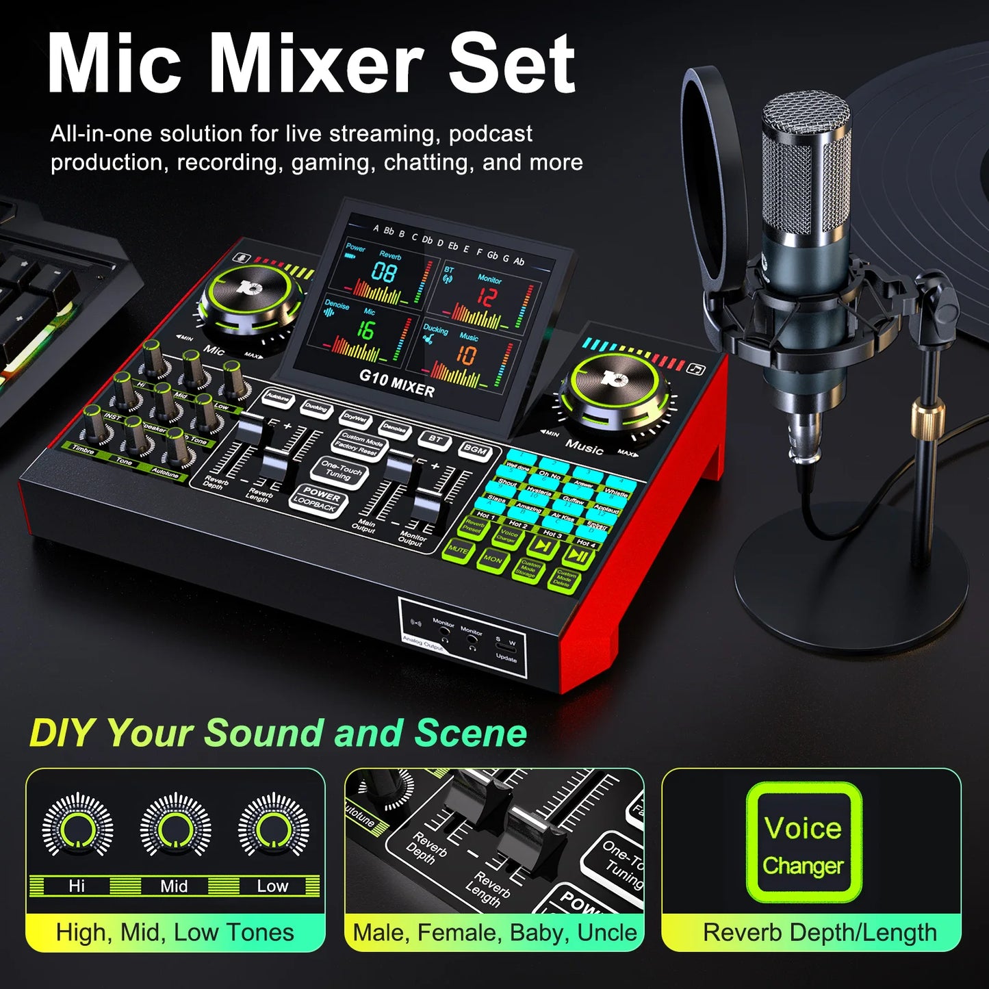 Tenlamp Voice Changer, Denoise,Live Sound Board Audio Mixer,Podcast Equipment Bundle with 3.5mm Condenser Microphone(P15) for Pc/Phone，Studio Professional Recording, Electronic Music Mixer Power Conditioner Karaoke Machine
