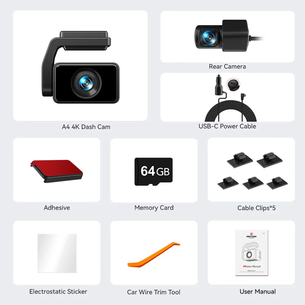 REDTIGER  A4 4k Dash Cam Front and Rear Drive Recorder GPS& 5G WiFi Touch Screen Night Vision 24H Parking Mode Voice Control