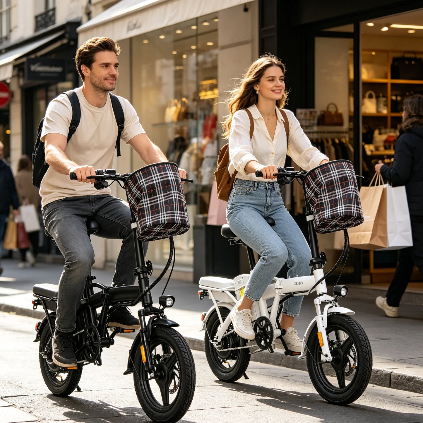 T5 14-inch Foldable Electric Bike 48V 750W Peak Power 20MPH 499Wh Long Range Lightweight Ebike with Dual Disc Brake And Basket for Adult Commute 22 Miles