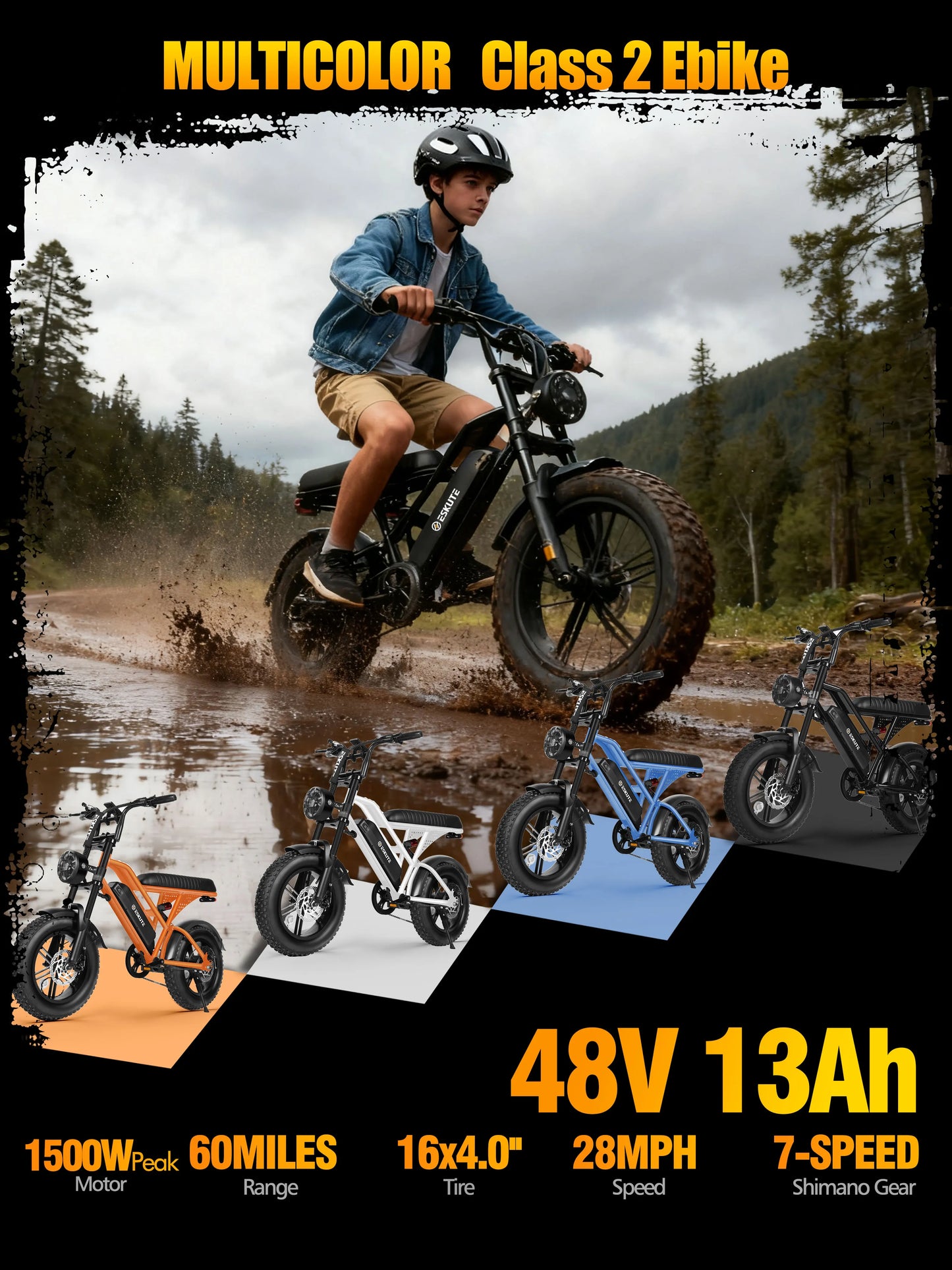 Eskute V100 Electric Dirt Bike, 1500W Peak 28MPH 48V13Ah Battery Motorcycle, All Terrain Dual Suspension E Bike 28MPH Top Speed, Ebike Up to 60 Miles Range, 16"x4" Fat Tire,  7-Speed，UL2849