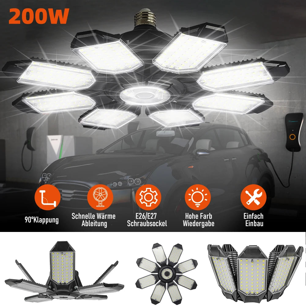 200W Powerful Garage Light LED Foldable LED Bulbs E27 Adjustable Multi Panel Ceiling Lamp For Workshop Warehouse Lighting