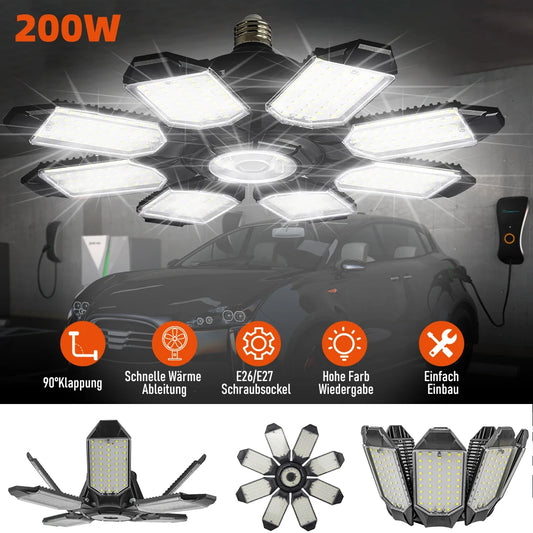 200W Powerful Garage Light LED Foldable LED Bulbs E27 Adjustable Multi Panel Ceiling Lamp For Workshop Warehouse Lighting