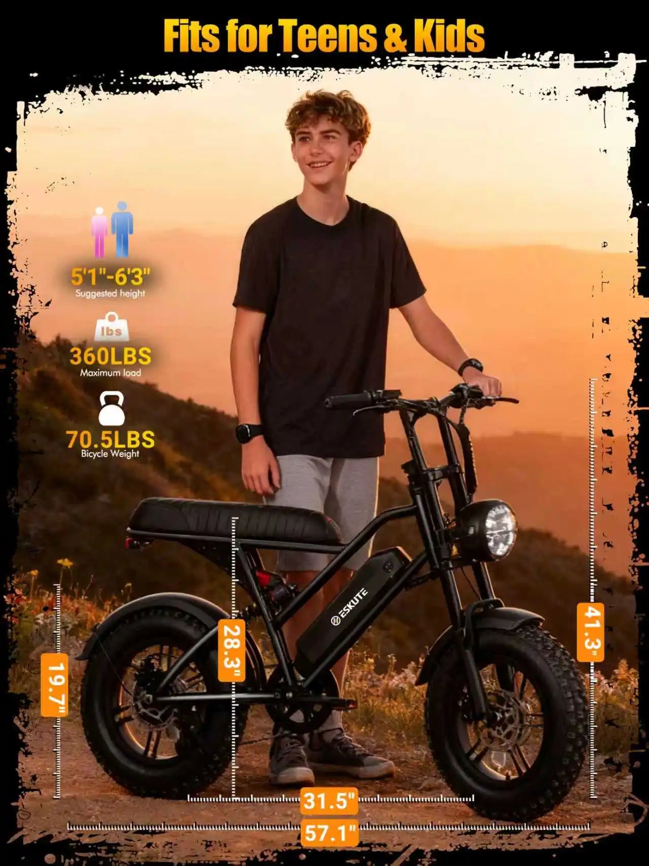 Eskute V100 Electric Dirt Bike, 1500W Peak 28MPH 48V13Ah Battery Motorcycle, All Terrain Dual Suspension E Bike 28MPH Top Speed, Ebike Up to 60 Miles Range, 16"x4" Fat Tire,  7-Speed，UL2849