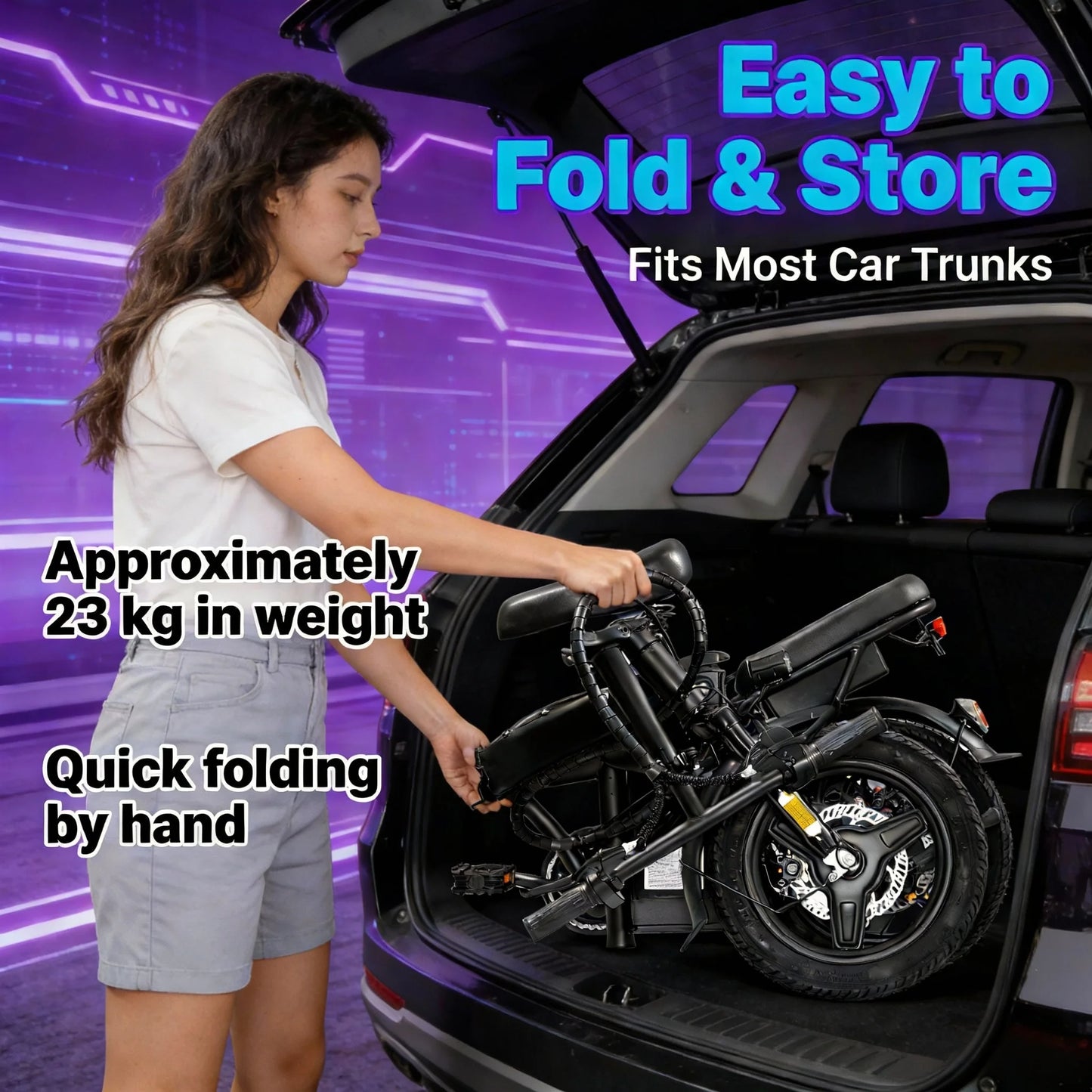 T5 14-inch Foldable Electric Bike 48V 750W Peak Power 20MPH 499Wh Long Range Lightweight Ebike with Dual Disc Brake And Basket for Adult Commute 22 Miles