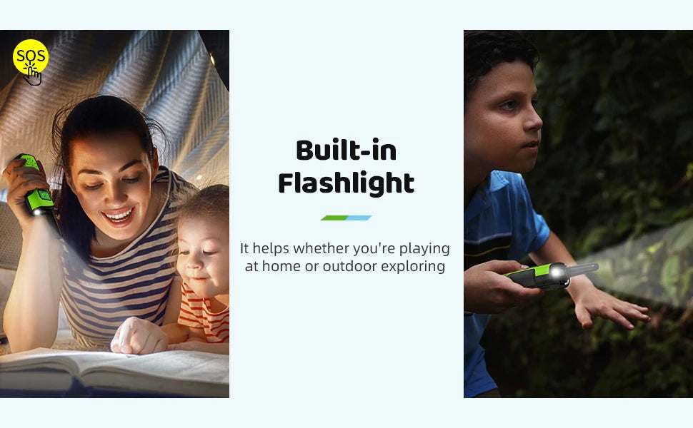 AWANFI Walkie Talkies 4 Packs Rechargeable  for kids, Long Range Flashlight 8 Channel, USB Type C for Camping, Hiking, Gifts