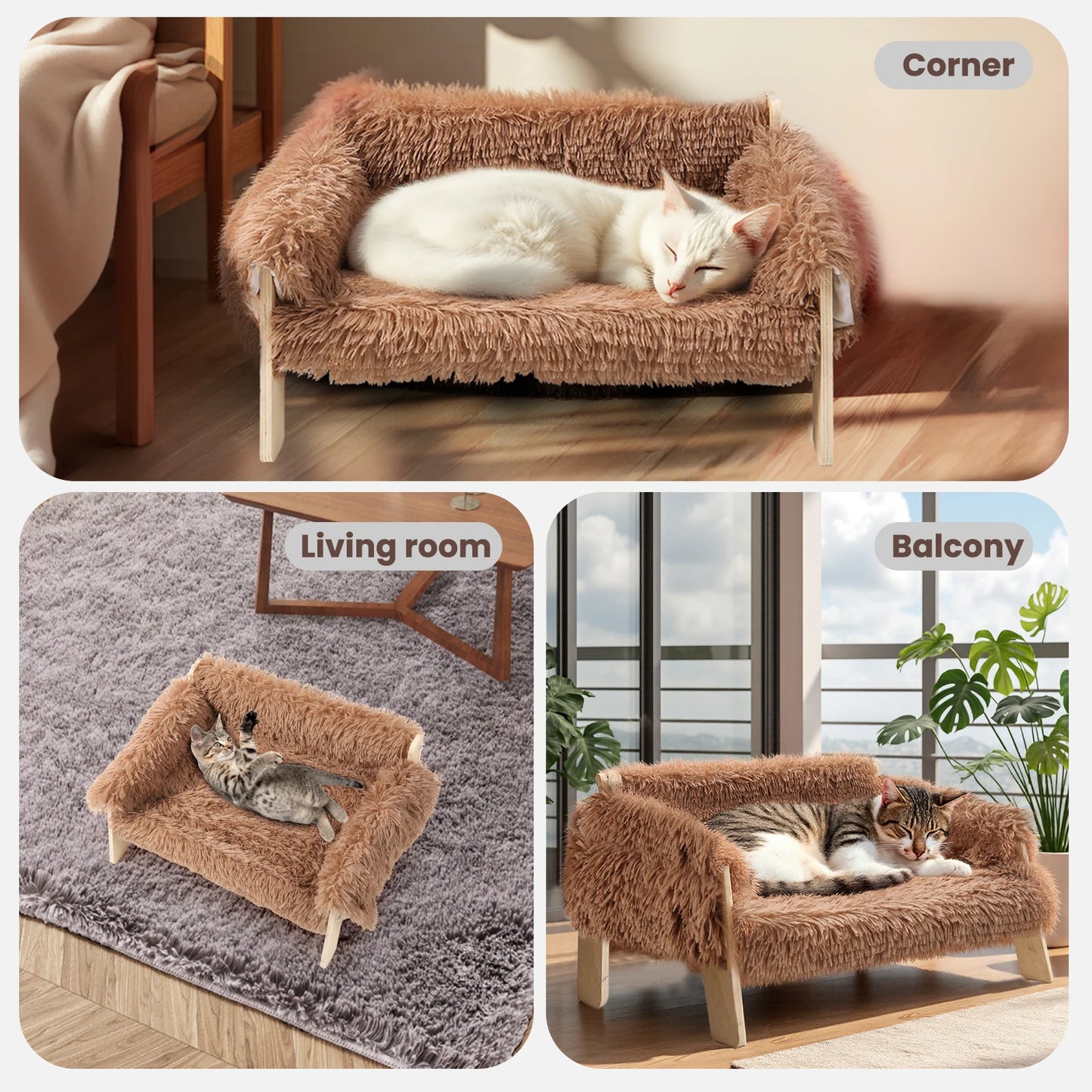 Comfortable Plush Wooden Leg Cat Sofa Bed Indoor Pets