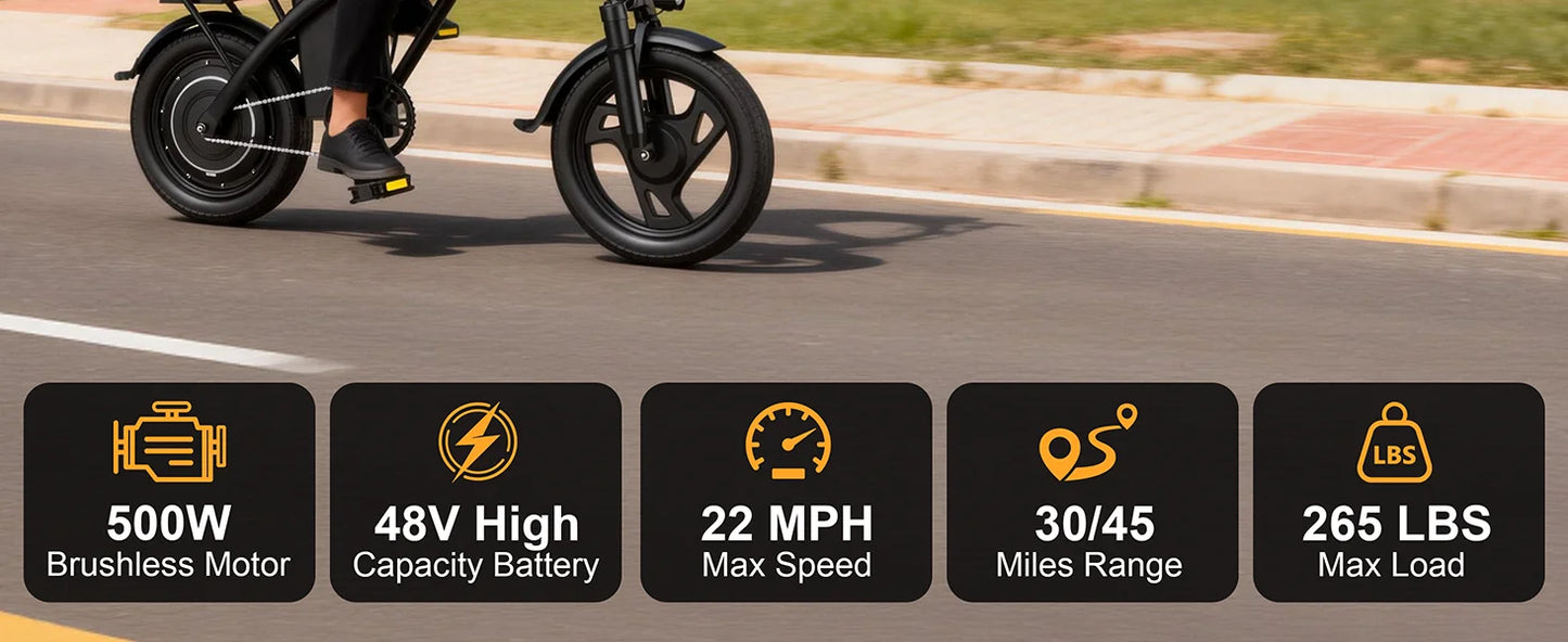 14'' Foldable Electric Bike 500W Motor 48V Battery 22MPH Max Speed 30Miles Long Range with Two Seats for Adult Mini E Bike