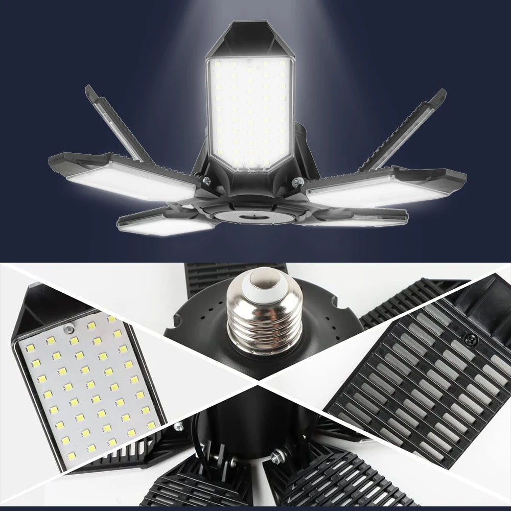 200W Powerful Garage Light LED Foldable LED Bulbs E27 Adjustable Multi Panel Ceiling Lamp For Workshop Warehouse Lighting