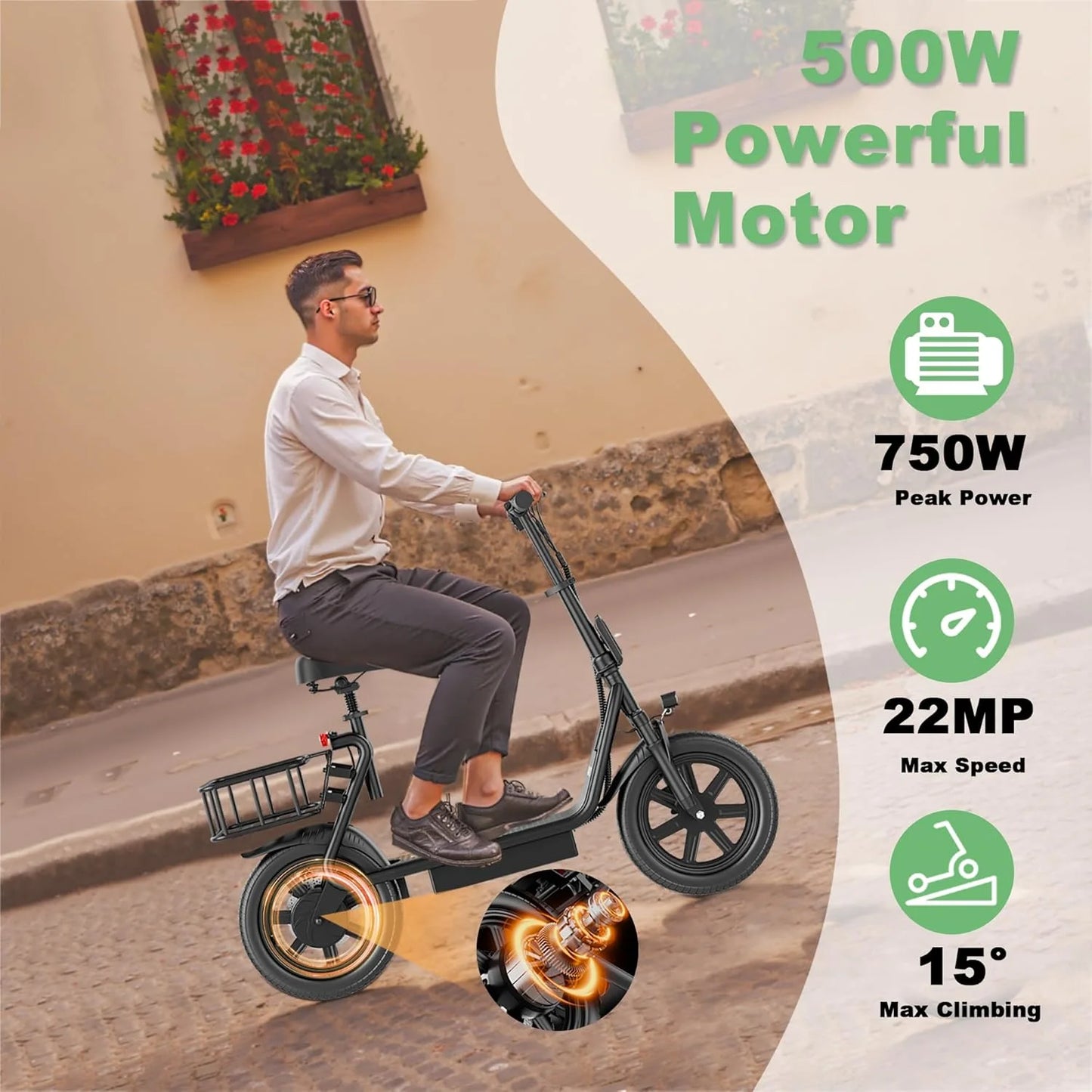 14‘’ Electric Scooter with Seat for Adult, 20MPH Speed Power by 500W Motor, 48V/10.4Ah Battery,28miles Max Range Wider Deck & Height Carry Basket