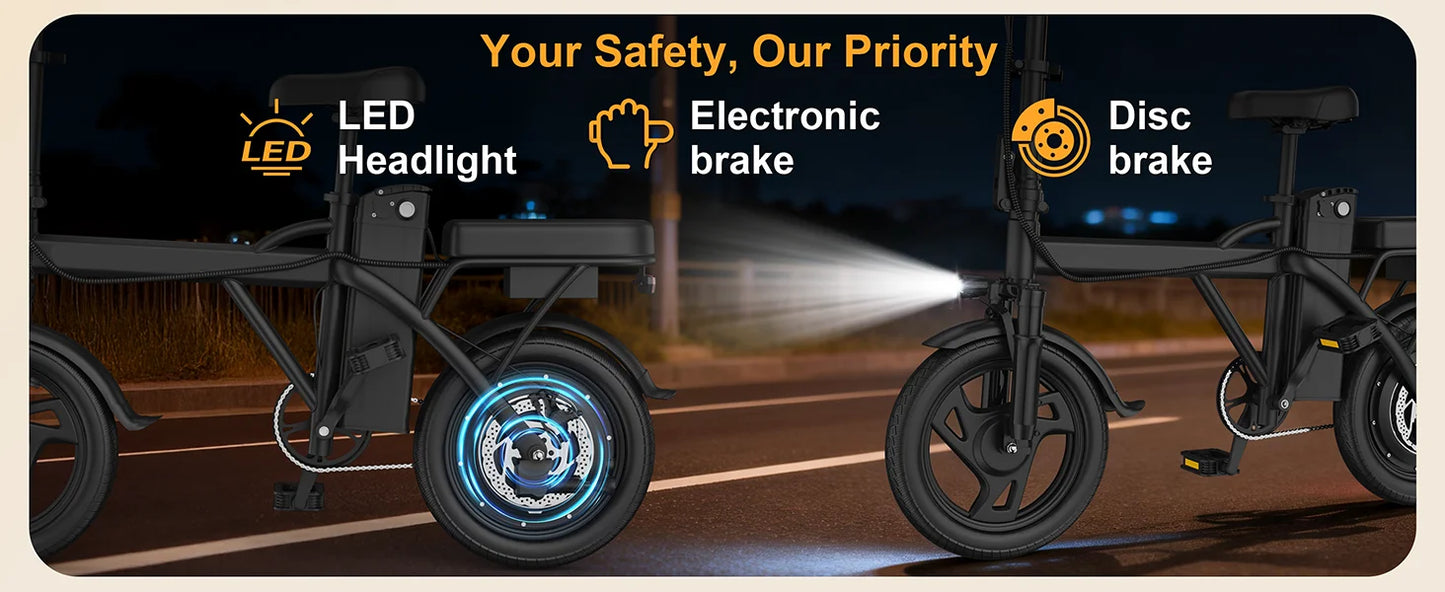 14'' Foldable Electric Bike 500W Motor 48V Battery 22MPH Max Speed 30Miles Long Range with Two Seats for Adult Mini E Bike