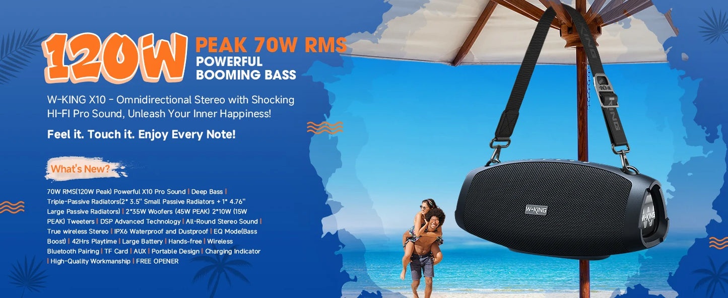 W-KING X10 Bluetooth Speaker, 120W Max Portable Loud Speakers Wireless Bluetooth Boombox, 70W IPX6 Waterproof Outdoor Party Large Big Speaker, Triple Passive Radiator/Subwoofers*2-Deep Bass/42H/TF/AUX/EQ