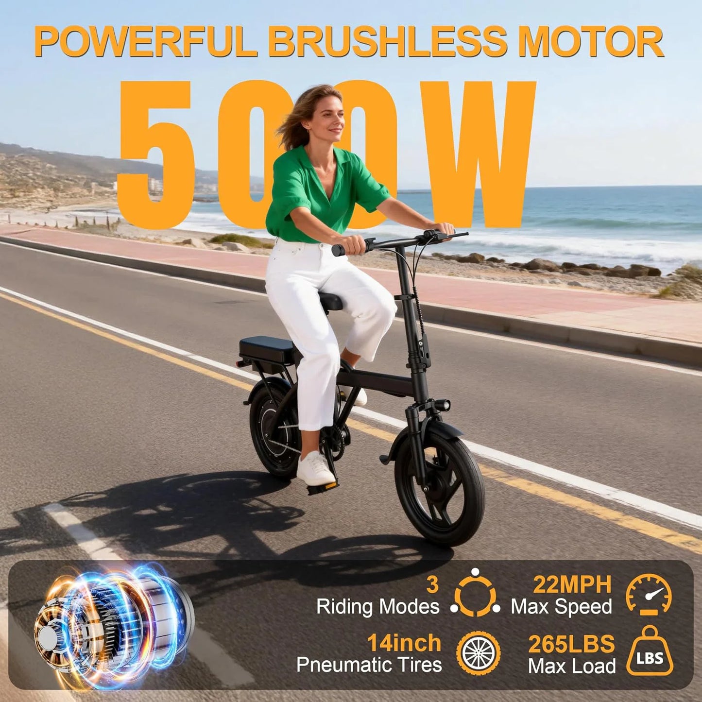 14'' Foldable Electric Bike 500W Motor 48V Battery 22MPH Max Speed 30Miles Long Range with Two Seats for Adult Mini E Bike