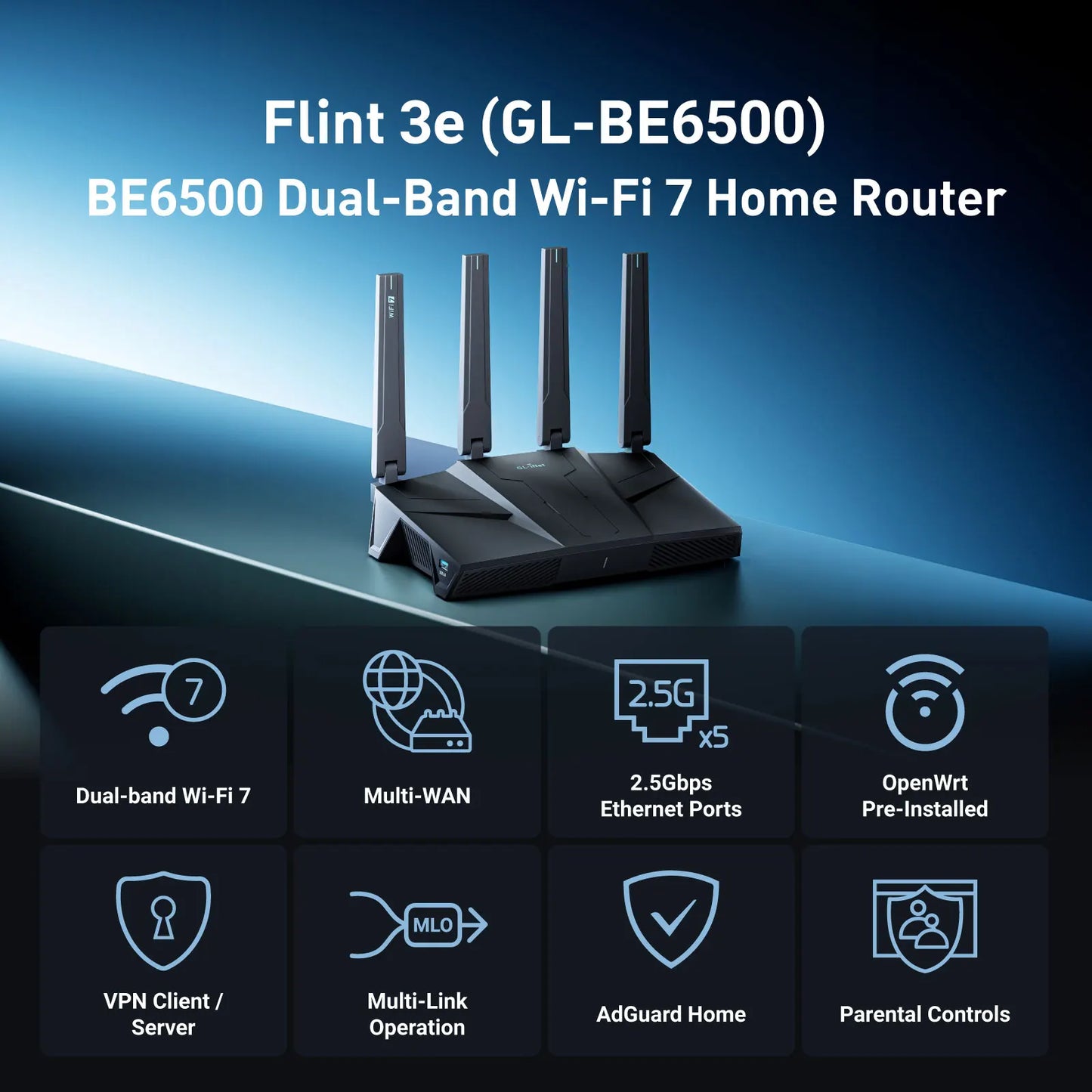 GL.iNet Flint 3e GL-BE6500 WiFi 7 Router VPN for Wireless Internet Dual-band High-Speed Home Router Wi-Fi 7 , 5 x 2.5G Ethernet Port USB3.0 Qualcomm Quad-core 1.5 GHz, Supports ADGuard Home,OpenVPN,WireGuard,OpenWrt