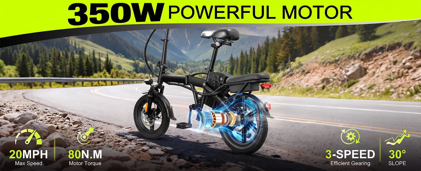 T5 Lightweight Folding Electric Bike for Adults 48V 750W Peak Power 20MPH 18-22 Miles Range 14Inch Disc Brake Commuter E-bike