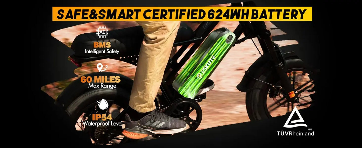 Eskute V100 Electric Dirt Bike, 1500W Peak 28MPH 48V13Ah Battery Motorcycle, All Terrain Dual Suspension E Bike 28MPH Top Speed, Ebike Up to 60 Miles Range, 16"x4" Fat Tire,  7-Speed，UL2849