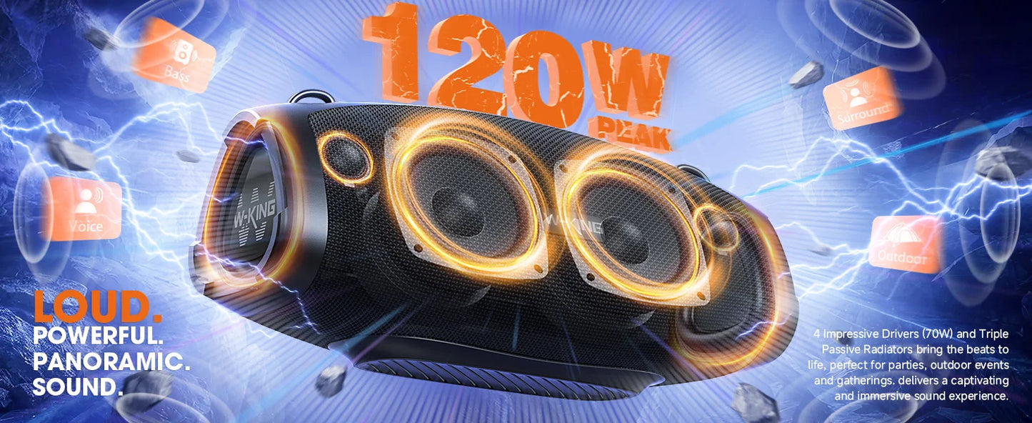 W-KING X10 Bluetooth Speaker, 120W Max Portable Loud Speakers Wireless Bluetooth Boombox, 70W IPX6 Waterproof Outdoor Party Large Big Speaker, Triple Passive Radiator/Subwoofers*2-Deep Bass/42H/TF/AUX/EQ