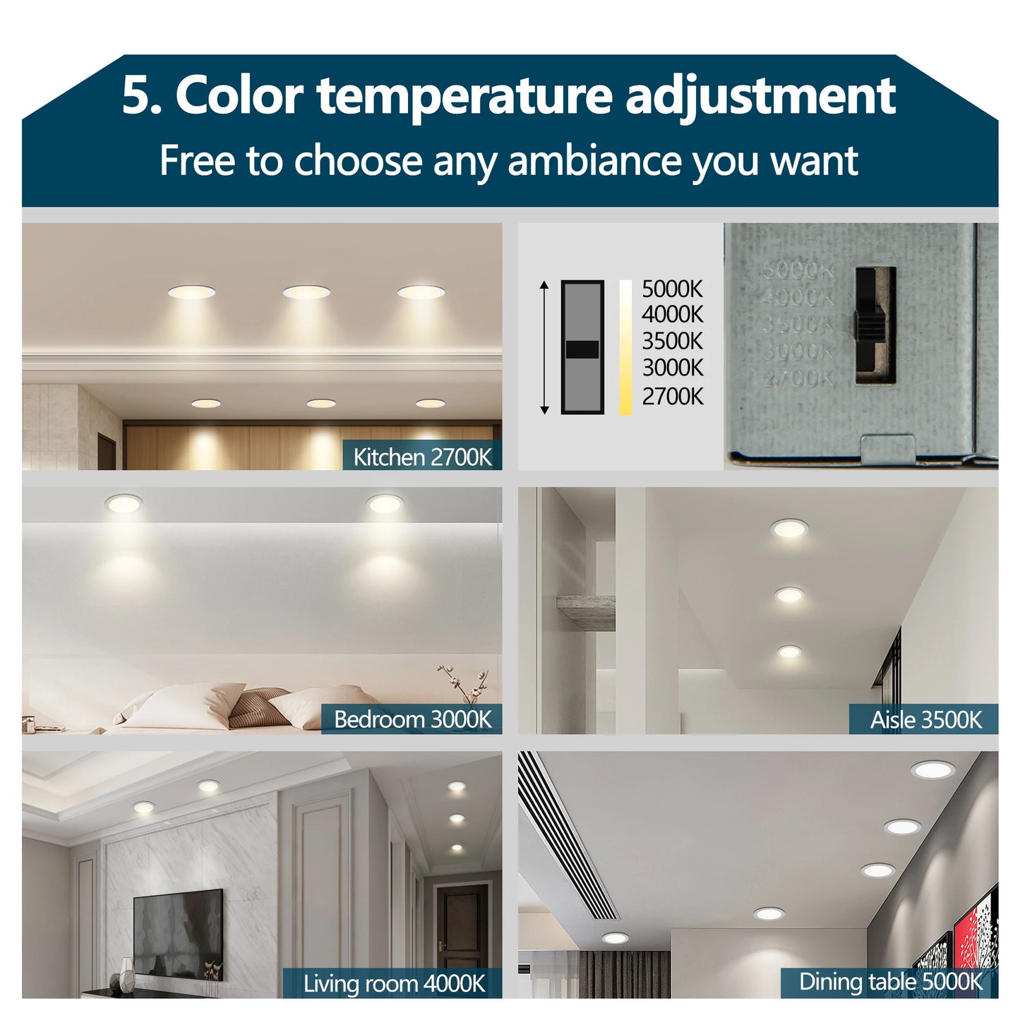 12-Piece Set of Shell-Less Led Ceiling Lights, Dimmable Recessed Downlights with Junction Box, 3000K-5000K Adjustable Color Temperature White Light