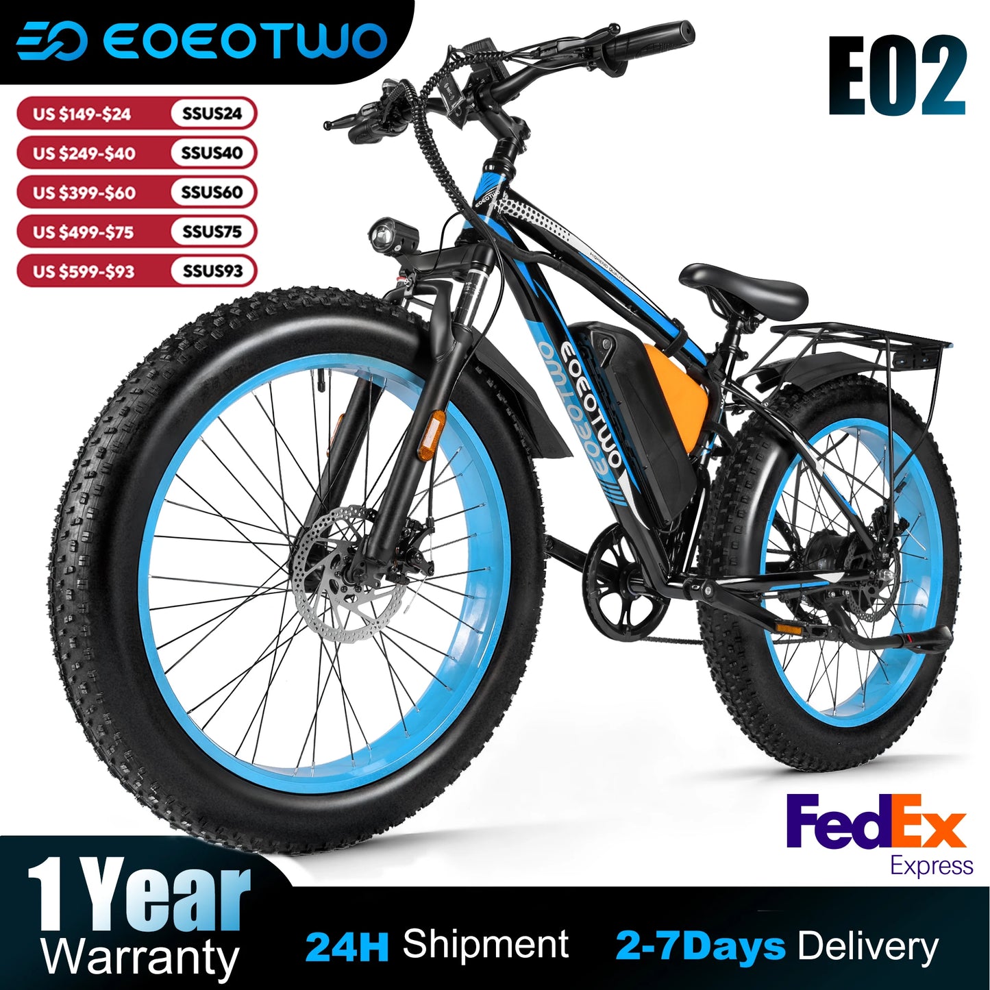 EOEOTWO Electric Bike,1500W Peak Ebikes for Adults, 26'' Fat Tire Best Ebike for Men, 70 Miles with 960Wh Battery, 25-30MPH Max Speed Bicycles, 330LB Capacity
