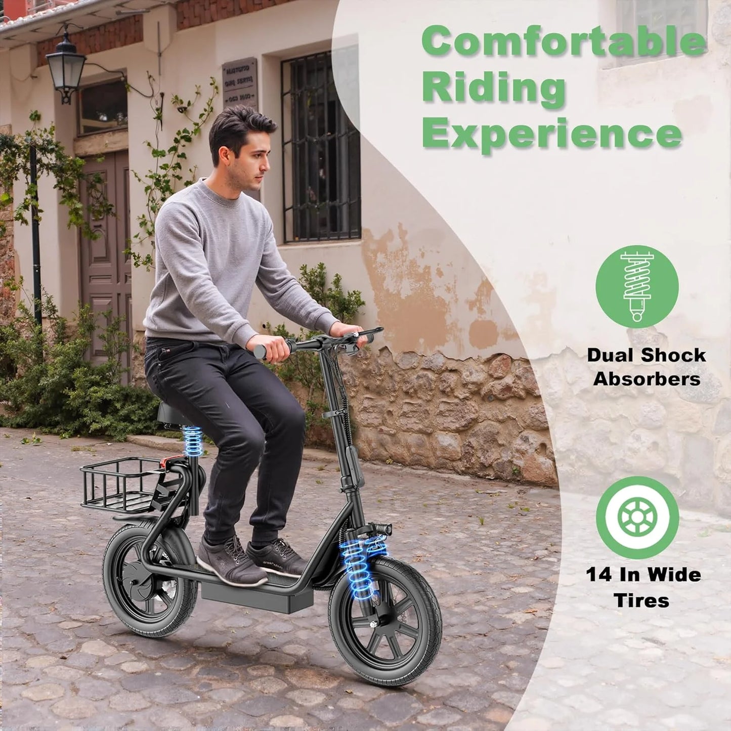 14‘’ Electric Scooter with Seat for Adult, 20MPH Speed Power by 500W Motor, 48V/10.4Ah Battery,28miles Max Range Wider Deck & Height Carry Basket