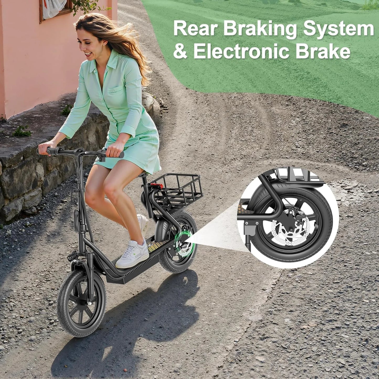 14‘’ Electric Scooter with Seat for Adult, 20MPH Speed Power by 500W Motor, 48V/10.4Ah Battery,28miles Max Range Wider Deck & Height Carry Basket