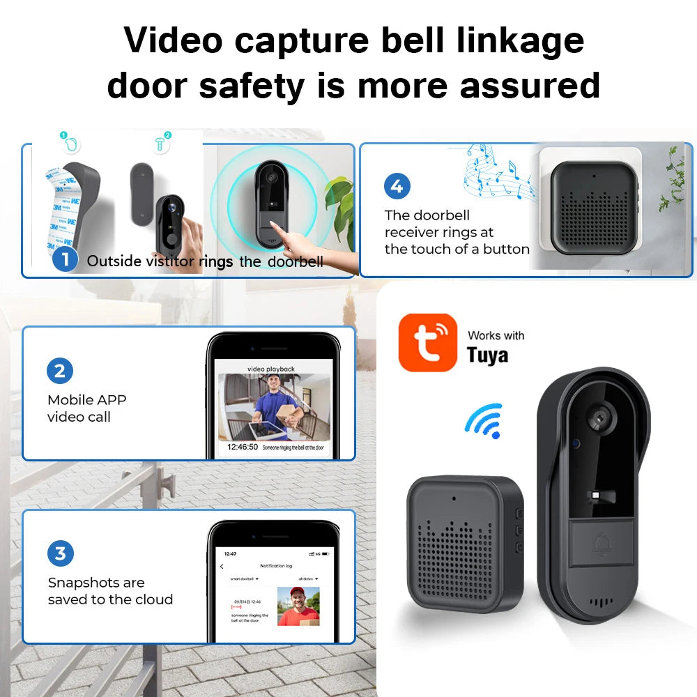 Tuya WiFi doorbell  2-way HD 1080P, microSD/cloud, waterproof, 1000mAh battery, long standby,Wireless Security Camera