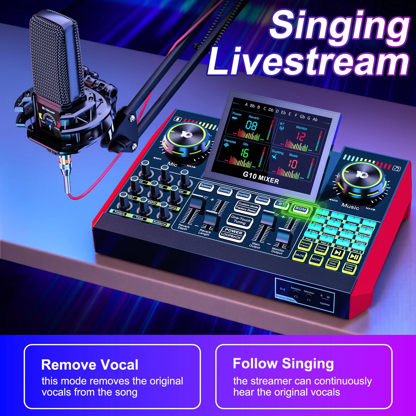 TENLAMP G10 Audio Interface Mixer Soundboard with Boom Arm & 3.5mm Mic, Voice Changer Podcast Equipment Bundle, Professional Live Sound Card for KOL Singing Gaming DJ Studio Recording Music Mixer